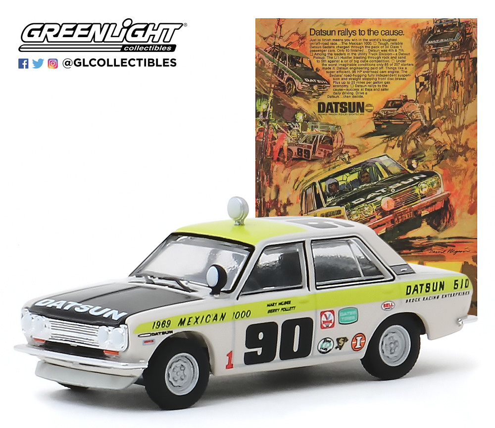 Datsun 510 Sedán nº 90 (1969) México 1000 “Datsun Rallys To The Cause” Greenlight 39020B 1/64 