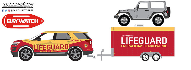 Ford Explorer (2016) y remolque + Jeep Wrangler (2013) - Bay Watch (2017) Greenlight 31150B 1/64 