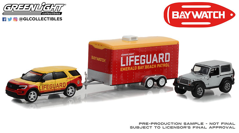 Ford Explorer (2016) y remolque + Jeep Wrangler (2013) - Bay Watch (2017) Greenlight 31150B 1/64 