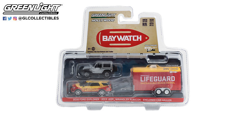 Ford Explorer (2016) y remolque + Jeep Wrangler (2013) - Bay Watch (2017) Greenlight 31150B 1/64 