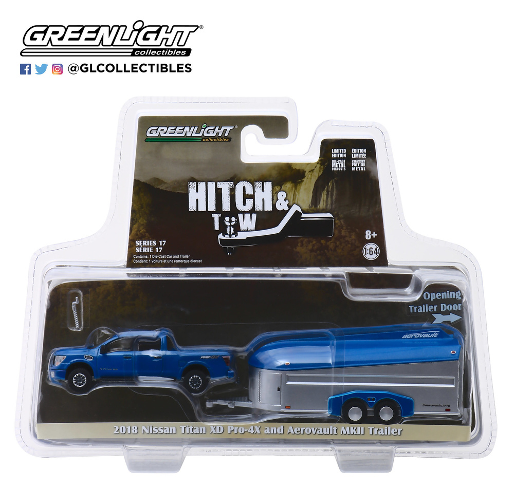 Nissan Titan XD Pro-4X con trailer Aerovault MKII (2018) Greenlight 32170D 1/64 